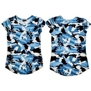 2/$12 POOF NY Blue Camouflage Stretch Soft Crew Neck Top SMALL Curved Shirttail